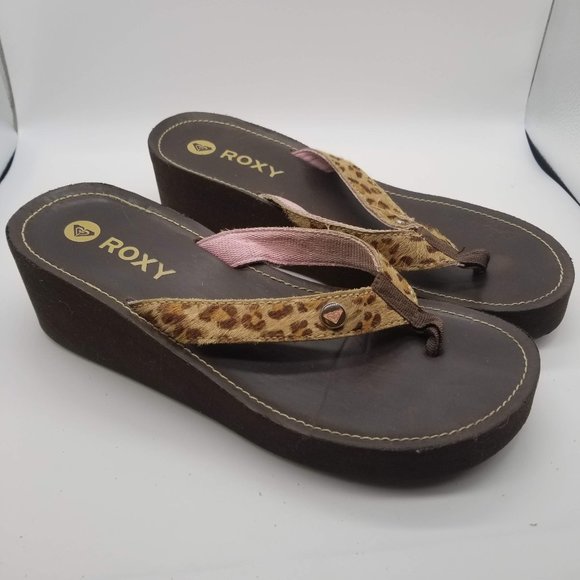 Roxy Leopard Print Cow Hair Wedge Heel Flip Flops - Picture 2 of 5